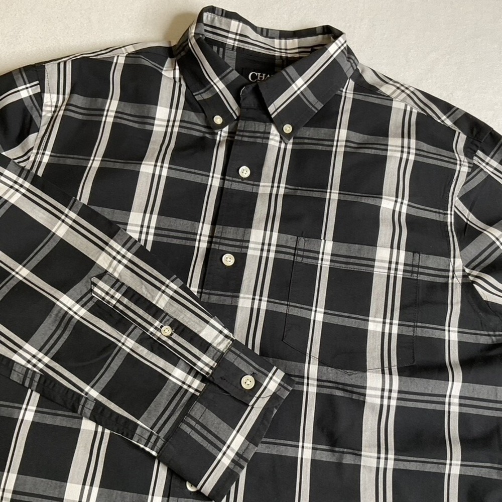Chaps Mens Plaid Long Sleeve Button-Down Shirt Black White S Lg Stretch EasyCare